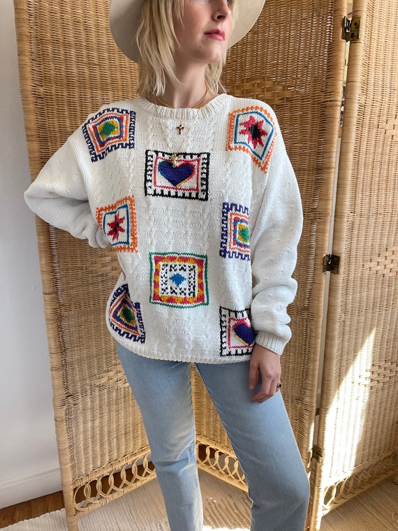 90's Patchwork Sweater, Vintage Chunky Knit, Liz … - image 1
