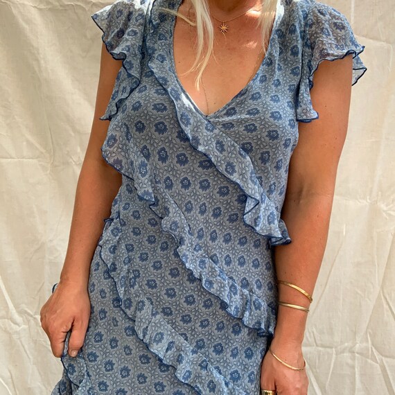 Vintage Blue Silk Floral Dress, Ruffle Dress, Vin