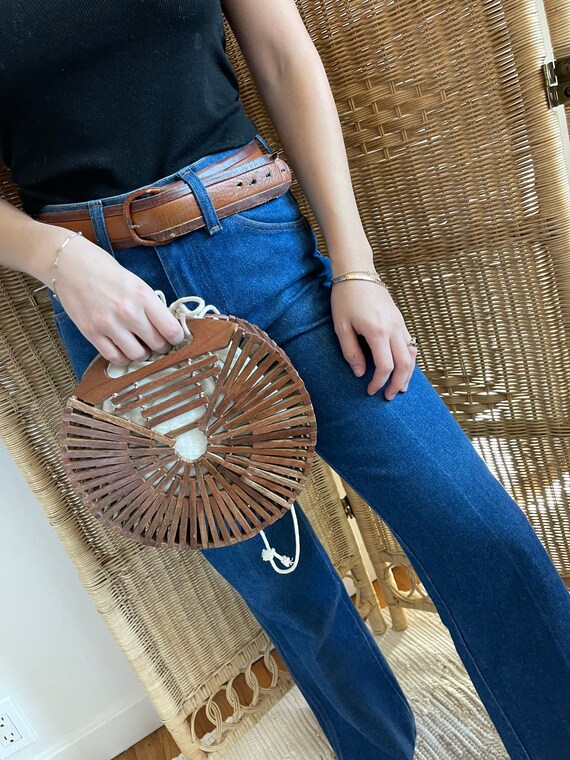 Vintage Round Bamboo Wood Bag, Handmade purse, Wo… - image 3