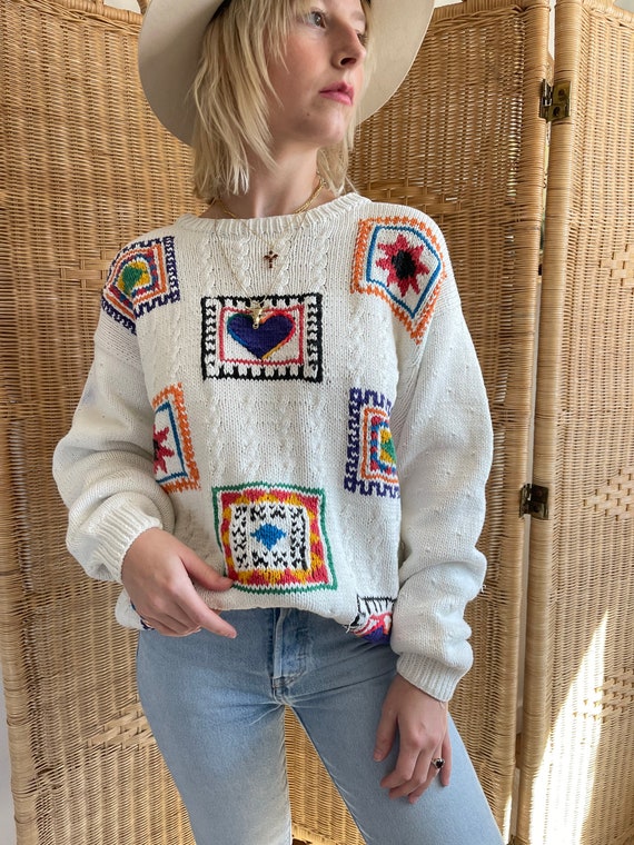 90's Patchwork Sweater, Vintage Chunky Knit, Liz … - image 2