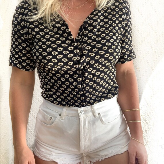 90s Vintage Ditsy Floral Black Blouse, Womans Butt