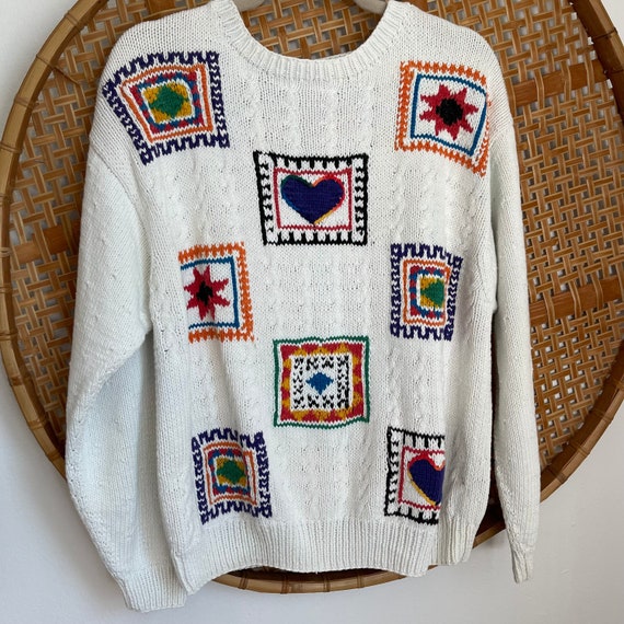 90's Patchwork Sweater, Vintage Chunky Knit, Liz … - image 3