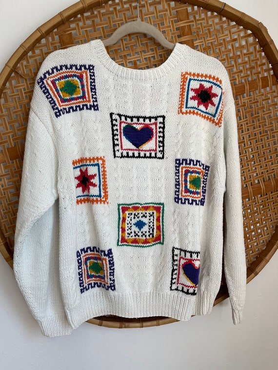 90's Patchwork Sweater, Vintage Chunky Knit, Liz … - image 6