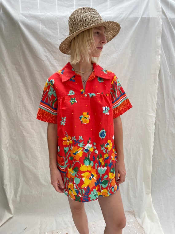 1960's Floral Cotton House Dress Mini Dress Red Collared Etsy