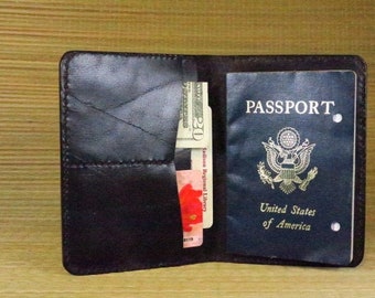 Black leather Passport case/travel wallet full grain leather hand double stitched and handmade in USA