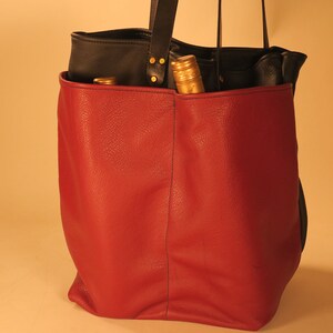 Leather tote brick red and black with pockets handmade in USA