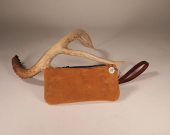 Suede change purse with detachable wrist strap