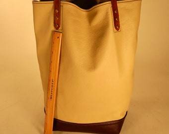 Leather tote cream and brown handmade in USA