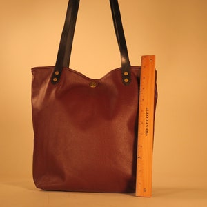 Leather brick red tote bag handmade in USA with brass rivets