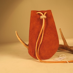 suede leather pouch camel tan with deer antler closer handmade in USA for Gaming Dice+_