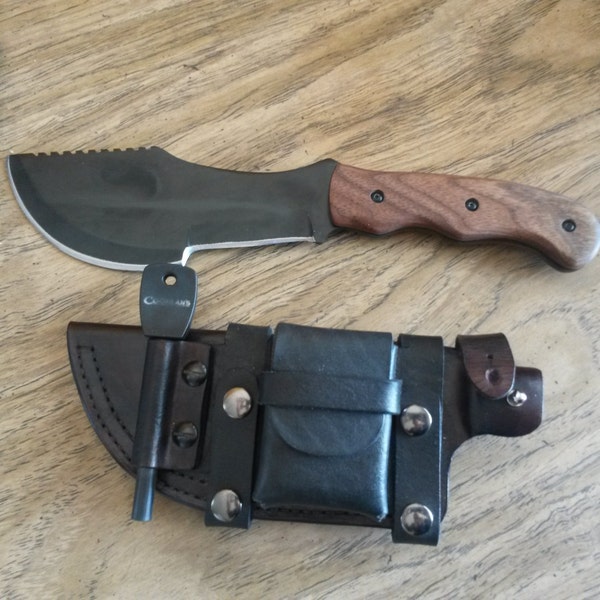 Survival Knife and Knife Sheath Handcrafted Handsewn Bushcraft Tracker Style American Made Veteran Crafted