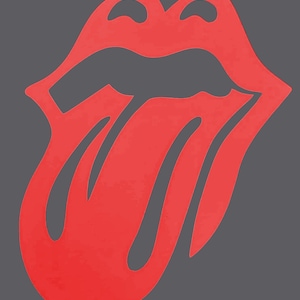 May include: A red, stylized tongue and lips logo on a gray background. The design features a prominent red tongue with a curved shape and a pair of red lips. The logo is a bold, graphic representation, commonly associated with rock and roll.