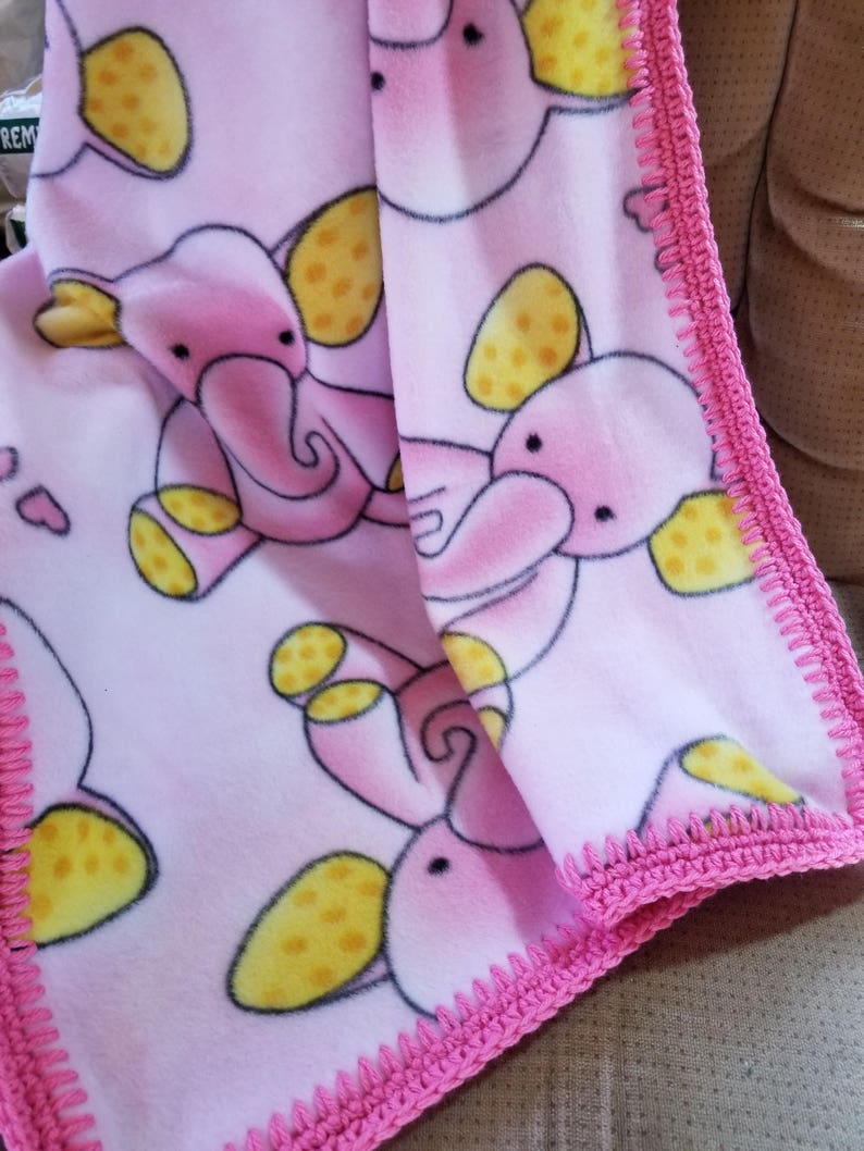 Fleece Baby Blanket Pink Elephants Crochet Edging Baby Etsy