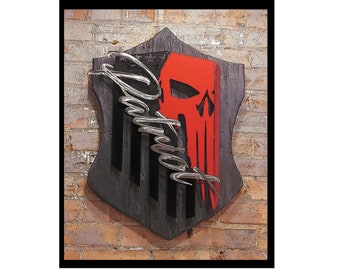 Pun1sher flag on a patr1ot wooden shield, USA, badge display, multi-layers, badge display, multi-layers, concealment furniture, hidden case,