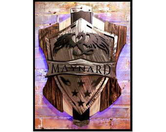 Name Crest - Your family coat of arms, crest, shield, backlit with LED, steel, CUSTOMIZE, family name, concealment furniture, hidden case