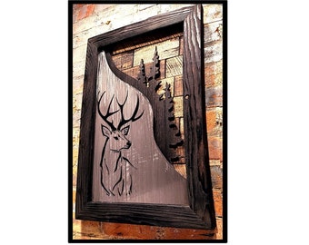 Lone Deer in Trees - layered shadow art on rustic timber frame, concealment furniture, hidden case, handmade, original, wildlife, deer,