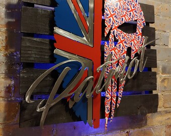 Union Jack Patriot Punisher metal tattered flag on rustic pallet frame backlit with led lights