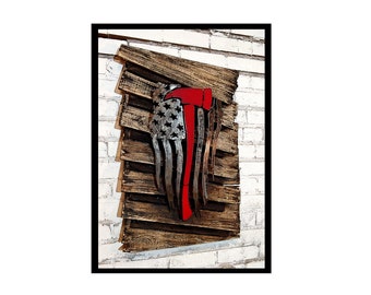 Red Line Ax Torn & Tattered metal flag on reclaimed wood frame, American, Handmade, US, Firefighter, First responder, palletwood, rustic,