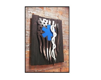 Steel tattered flag  EMT on a rustic wood frame,  Firefighter, First responder, rustic, ambulance, EMS,  concealment furniture, hidden case