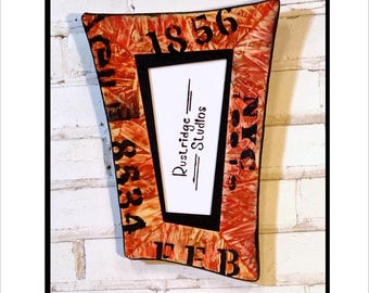 Reclaimed Wood Picture Frame, Whimsical Stenciled Design, Unique chipboard pattern,  8x10 Portrait (Wonky Shape)