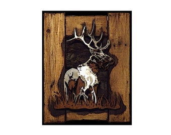 BULL ELK-  abstract multi-layered shadow art with brushed steel and reclaimed timber frame, concealment furniture, hidden case