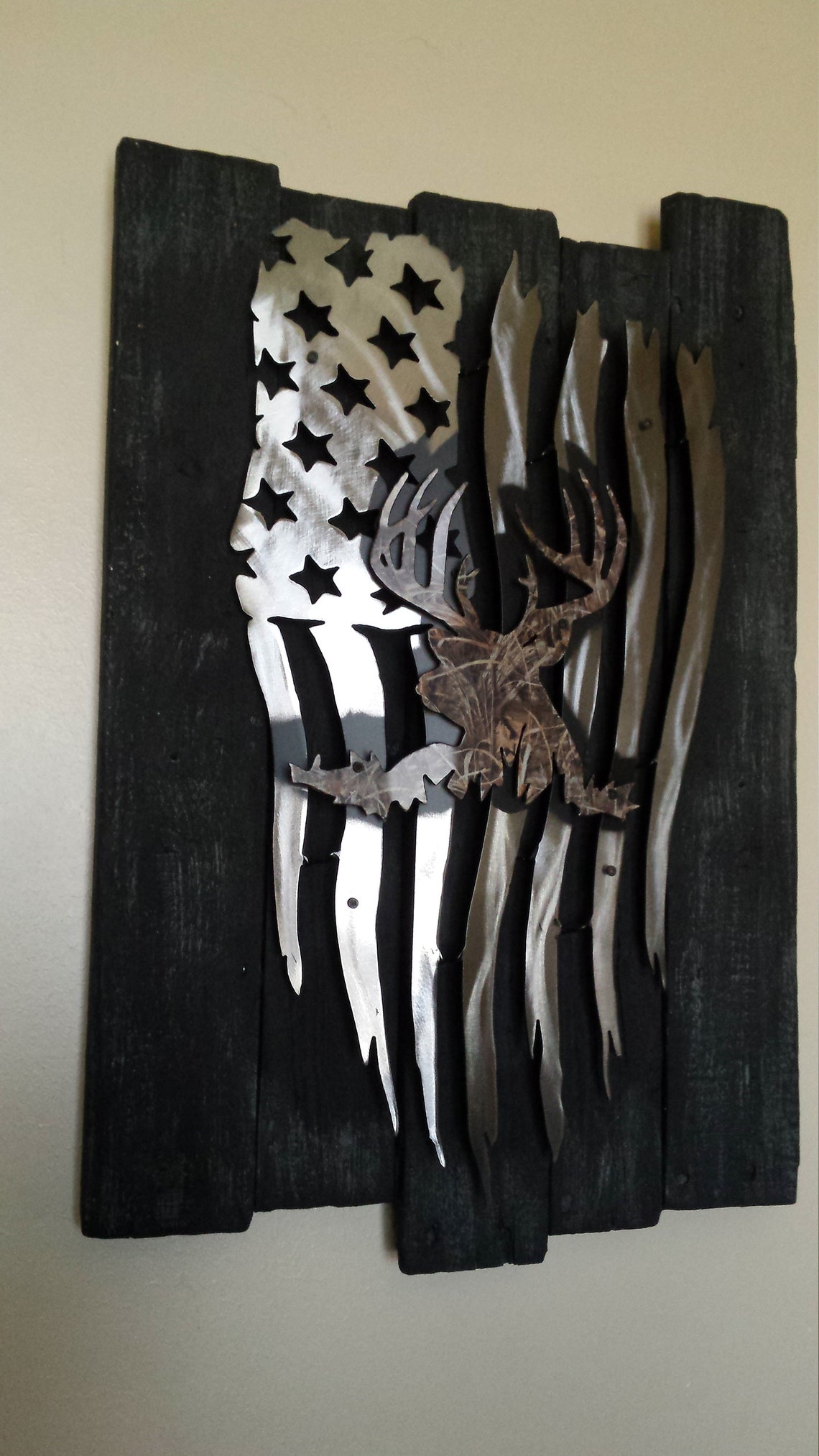 Hunting Torn & Tattered metal flag on reclaimed wood frame Etsy