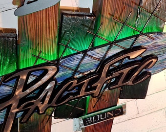 PACIFIC BOUND, Modern rustic beach sign, backlit LED lights, metal and reclaimed wood,