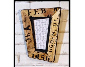 Reclaimed Wood Picture Frame, Whimsical Stenciled Design, 8x10 Portrait (Wonky Shape)