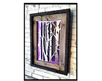 RUSTIC TIMBERS-  abstract shadow art with hand notched reclaimed frame and multi-color led nightlight,  concealment furniture, hidden case
