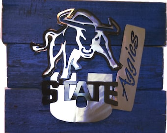 Utah State Aggies 3D mult-layered metal art on a reclaimed pallet wood frame