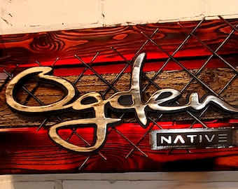 Modern rustic sign, backlit LED lights, metal and reclaimed wood, Customize with your city, business or last name, pick hobby & badge plate