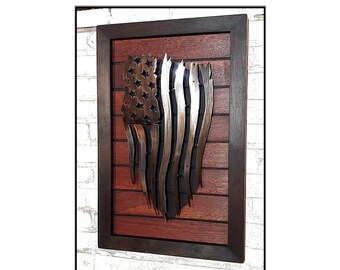 Gun metal two-tone tattered flag with modern hardwood frame, Concealment case front art