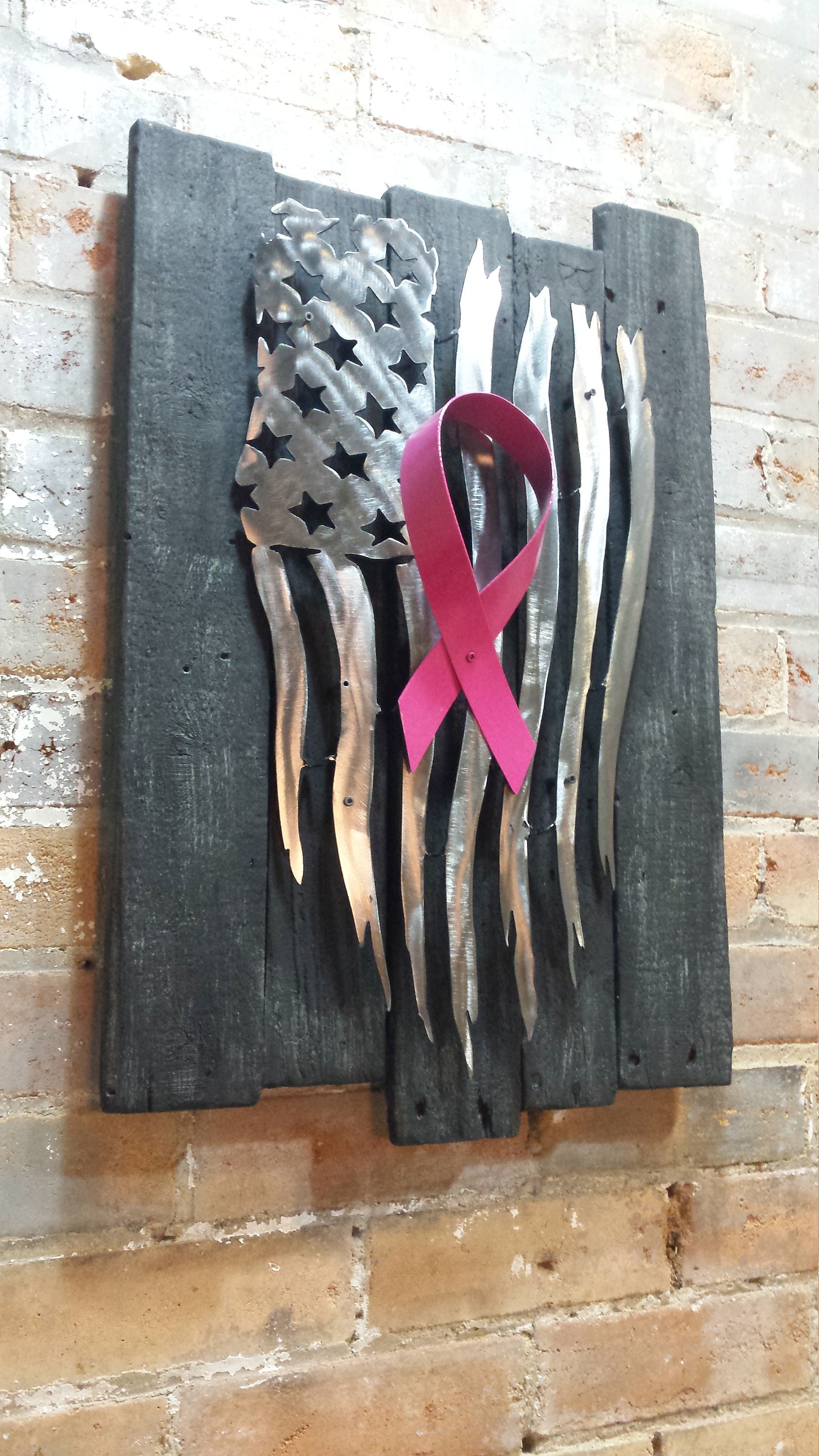 Tattered Metal Flag on Reclaimed Wood Frame With Pink Ribbon Etsy