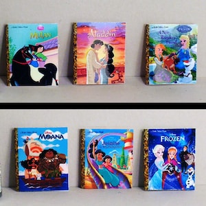 Disney Princess Set 2 - 6 Little Golden Books -  Dollhouse Miniature - 1:12 scale - Frozen, Jasmine, Aladdin, Moana, Mulan