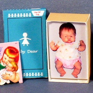 Baby Dear Doll Box & Eloise Wilkins Book Set - Dollhouse Miniature 1:12  - 1960s Dollhouse girl baby nursery -PLEASE read the description!