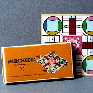 Parcheesi Game 1964 - Dollhouse Miniature  1:12 scale - Dollhouse accessory - Game Box and Game Board - 1960s Dollhouse toy Game of India