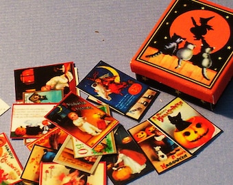 Halloween Box with 18 Antique Postcards - Dollhouse Miniature – 1:12 Scale