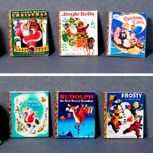 Cubiertas navideñas clásicas - 6 pequeños libros dorados - Miniatura de casa de muñecas a escala 1:12