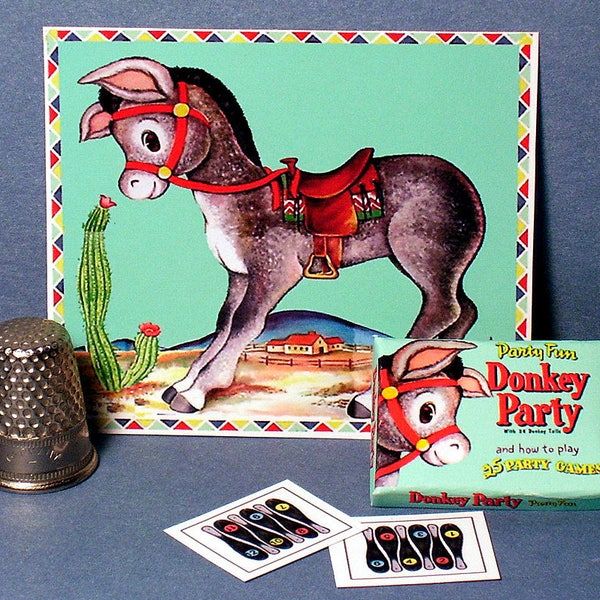 Pin The Tail on the Donkey Party Game -  Dollhouse Miniature 1:12 scale   Game box, Tails & Poster 1940s 1950s Dollhouse Birthday Party game