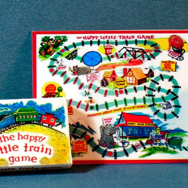 Happy Little Train Game  - Dollhouse Miniature - 1:12 scale   Game box and Game board 1950s retro Dollhouse nursery Choo Choo Train game toy