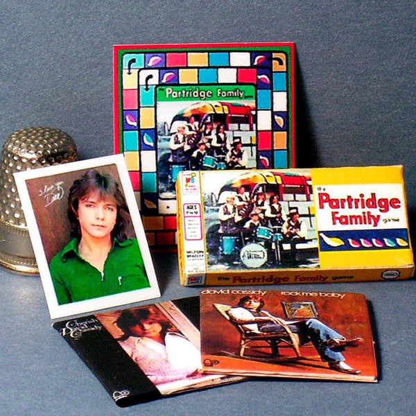 Partridge Family Game and David Cassidy Album & Photo set - Dollhouse Miniature 1:12 scale - 1970s Dollhouse Partridge Family game albums