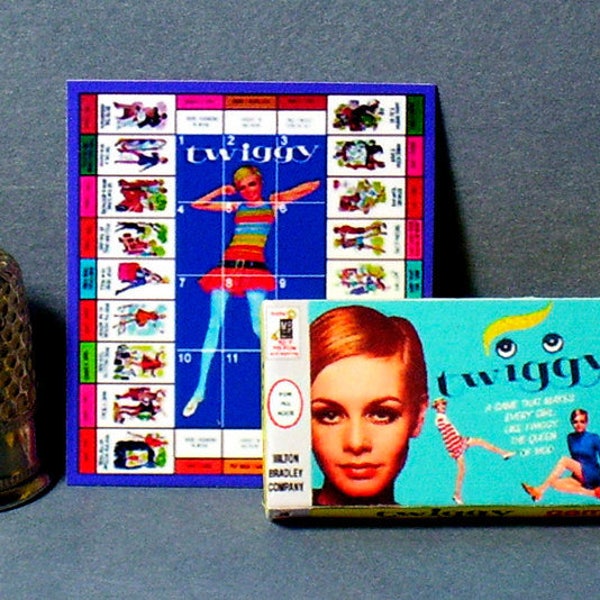 Twiggy Game 1960s - Dollhouse Miniature - 1:12 scale - Dollhouse accessory - Game box and Game board - 1960s Mod Dollhouse girl game toy