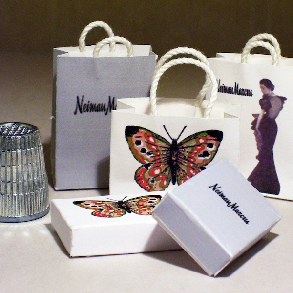 Neiman Marcus Shopping Bag and Gift Box Set - Dollhouse Miniature 1:12 scale - Dollhouse Accessory - Dollhouse bedroom, Christmas Birthday