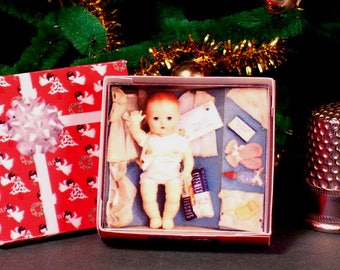 Tiny Tears Christmas Box -  Dollhouse Miniature - 1:12 scale - Dollhouse Accessory - 1950s retro Christmas  PLEASE read the description!