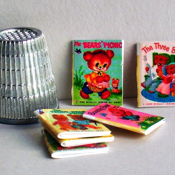 Teddy Bears -  6 Junior Elf Books - Dollhouse Miniature - 1:12 scale - Dollhouse baby nursery books - Three Bears. Teddy Bear Twins, more
