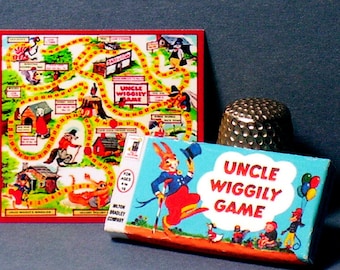 Uncle Wiggily Game  - Dollhouse Miniature - 1:12 scale Dollhouse Accessory - Game box and Game board - 1950s dollhouse nursery rabbit game