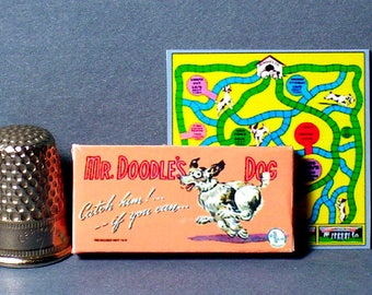 Mr Doodles Dog Game - Dollhouse Miniature - 1:12 scale  Dollhouse Accessory - Game Box and Game Board - 1950s retro dollhouse dog puppy game