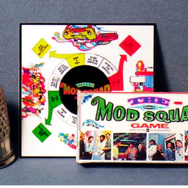 Mod Squad Game 1968 - Dollhouse Miniature  - 1:12 scale - Dollhouse accessory - Game Box and Game Board - 1960s mod Dollhouse game toy