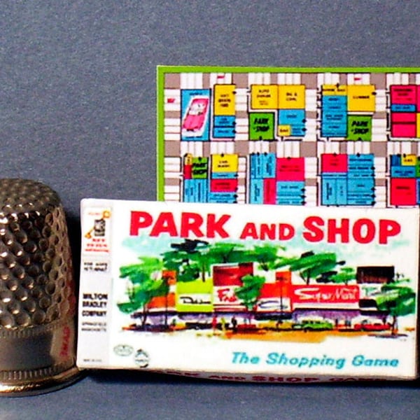 Park and Shop Game - Dollhouse Miniature 1:12 scale  Dollhouse accessory - Game Box and Game Board - 1950s retro Dollhouse girl shopping toy