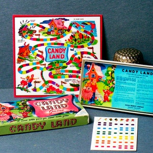 Pu&ograve; includere: Un gioco da tavolo vintage di Candy Land con un tabellone di gioco colorato, pedine e istruzioni. Il tabellone di gioco presenta un percorso tortuoso con caselle a tema caramelle. Le pedine sono piccole figure colorate. Le istruzioni sono stampate su una carta blu.